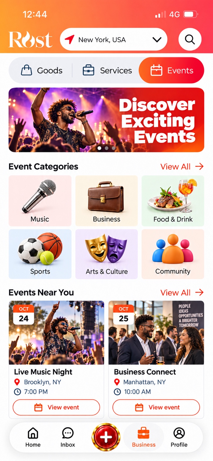 Rost events screen with categories and upcoming events